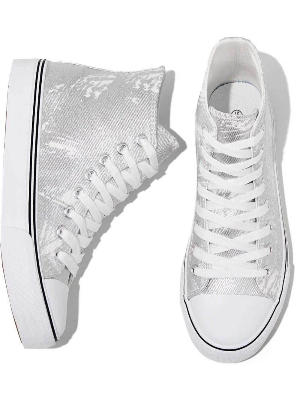 Women's Silver High Top Canva Embroidered Breathable Lace Up Casual Sneakers